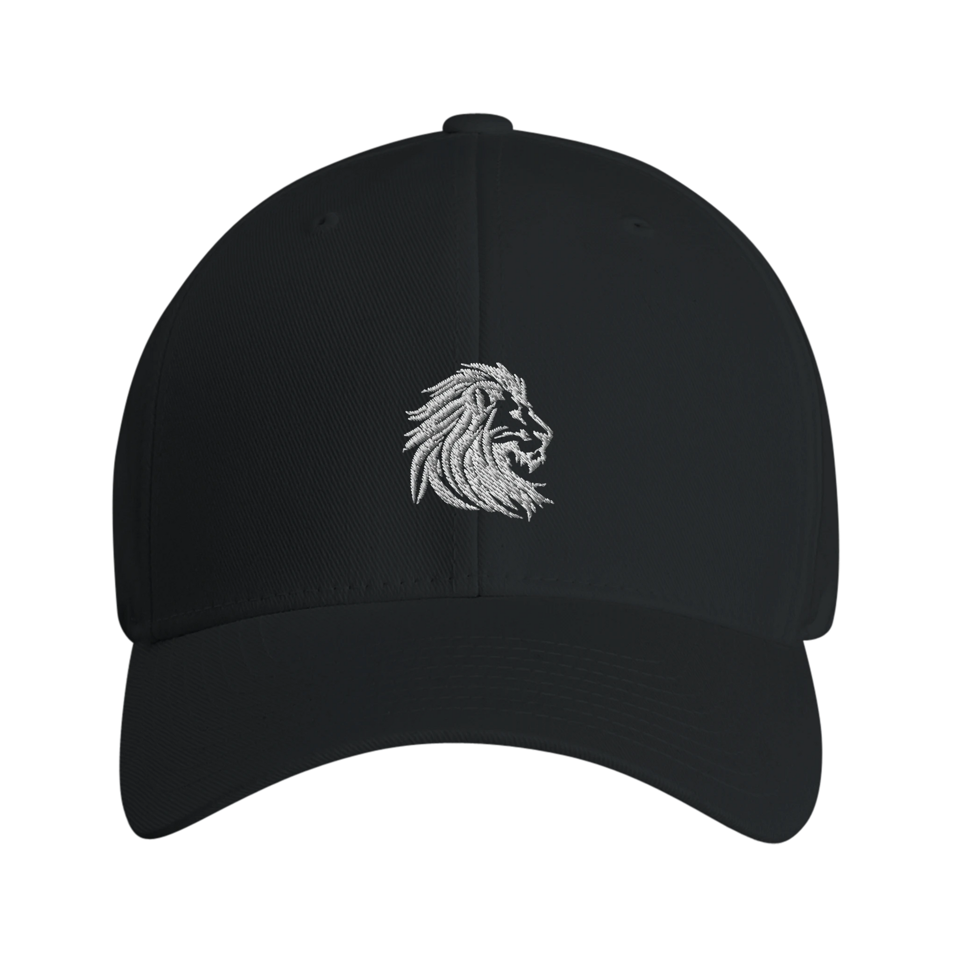 Front view of black baseball cap featuring an embroidered lion head logo — clean minimalist design symbolizing silent strength and sharp presence.