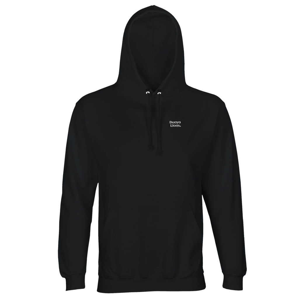 Silent Black Hoodie frontview with Dunya Lions print.