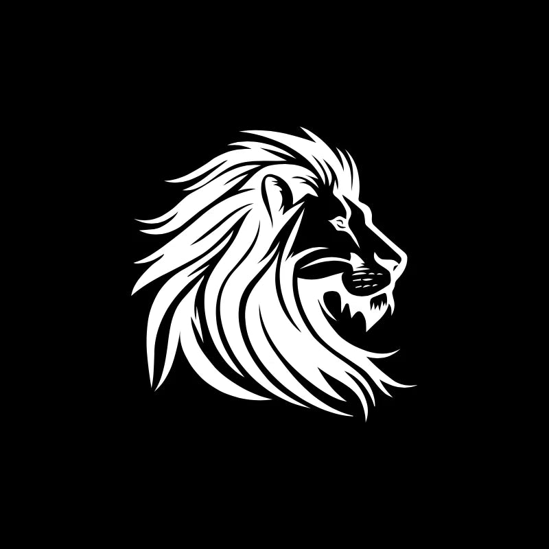 Dunya Lions™ white lion head logo on black background. Symbol of silent dominance, strength, and divine purpose. A mark of the movement. Built by Allah.™