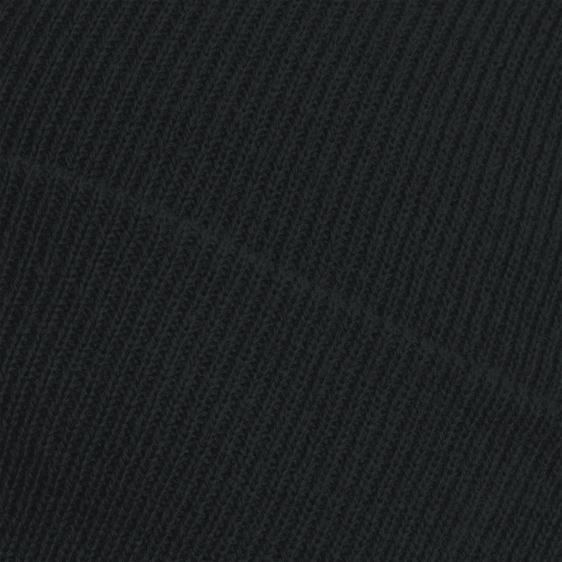Close-up view of black ribbed knit fabric on beanie — detailed texture showing high-quality stitching and premium warmth.