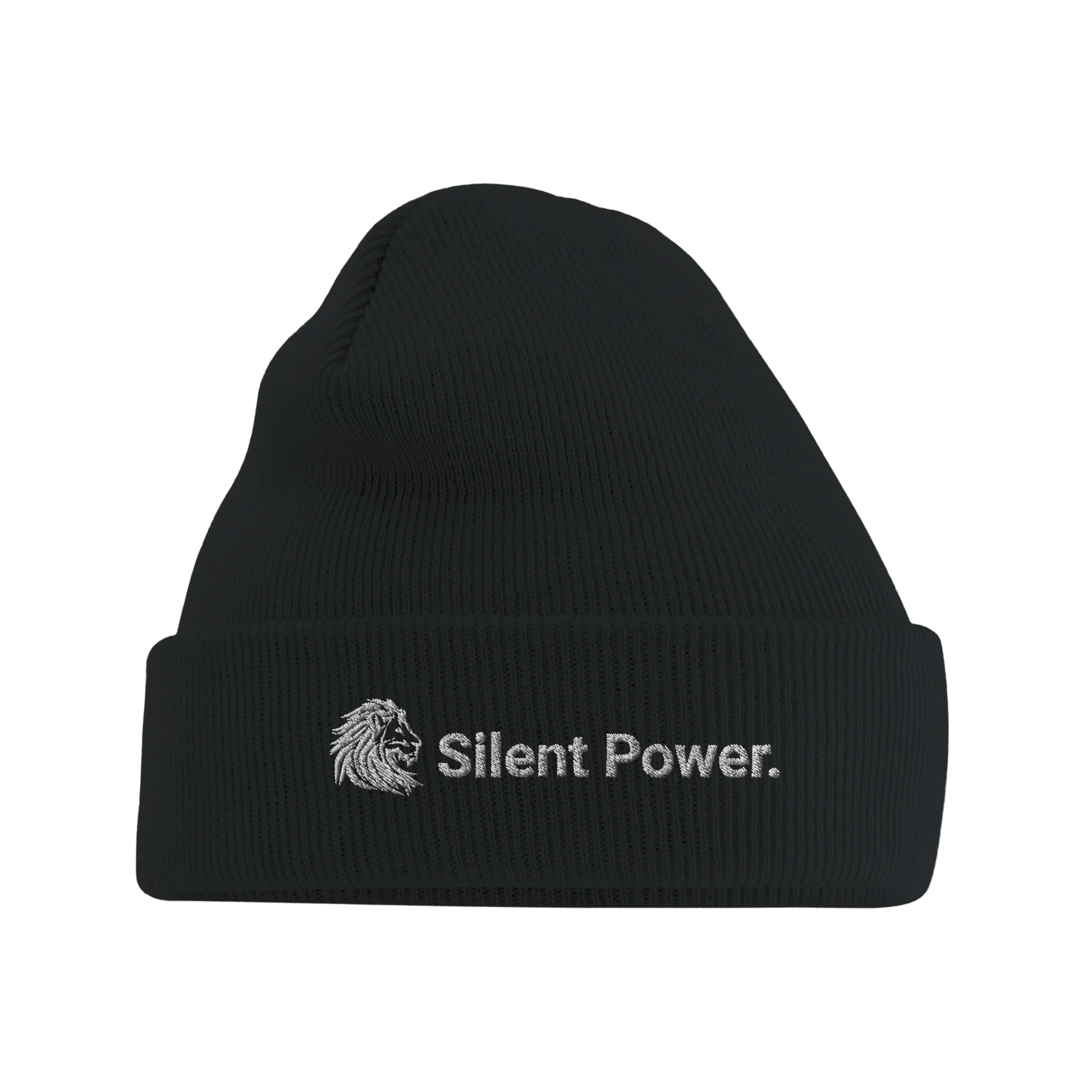 Front view of black ribbed beanie with embroidered white lion icon and the text “Silent Power.” — a timeless accessory that speaks strength without sound.