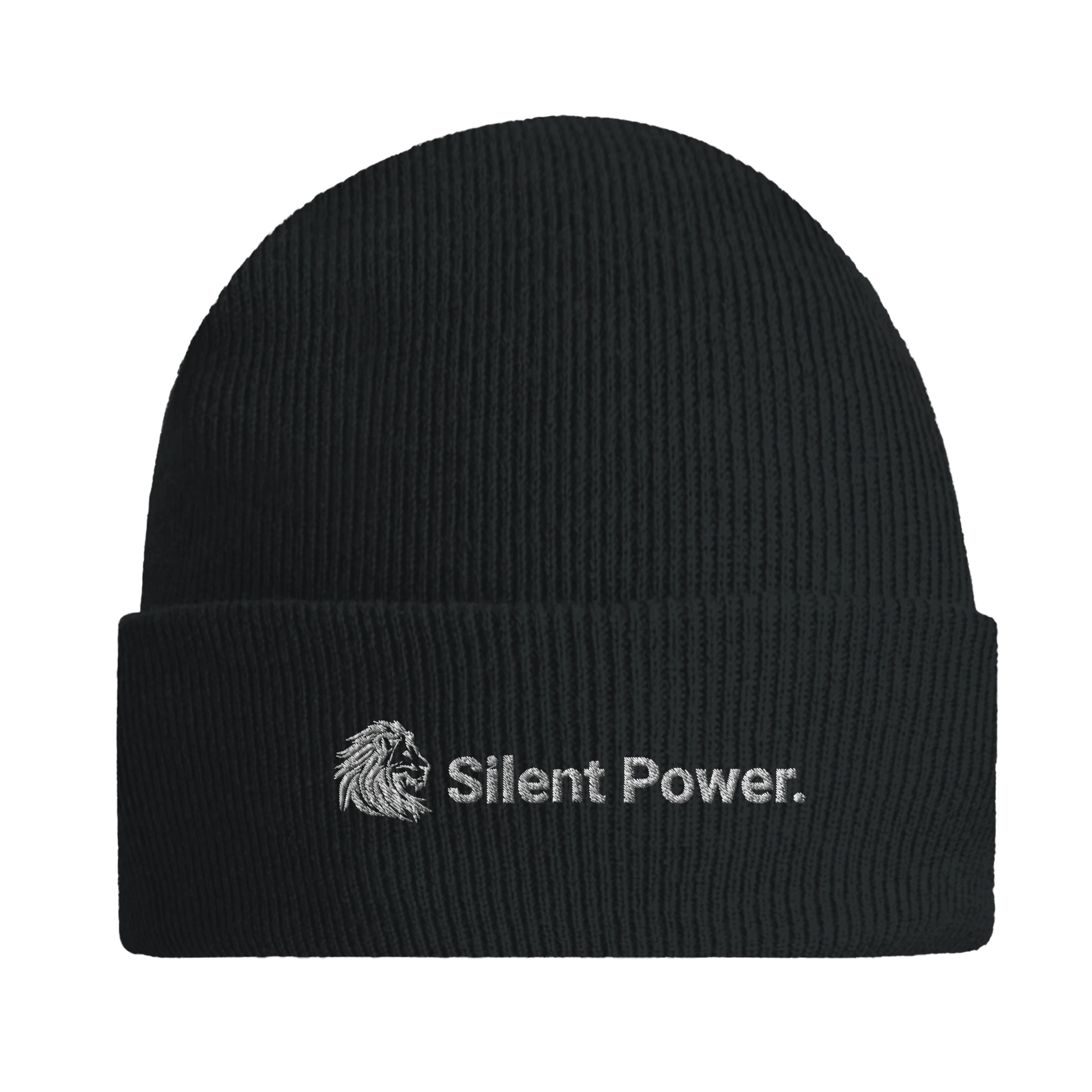 Front view of black ribbed beanie with embroidered white lion icon and the text “Silent Power.” — a timeless accessory that speaks strength without sound.