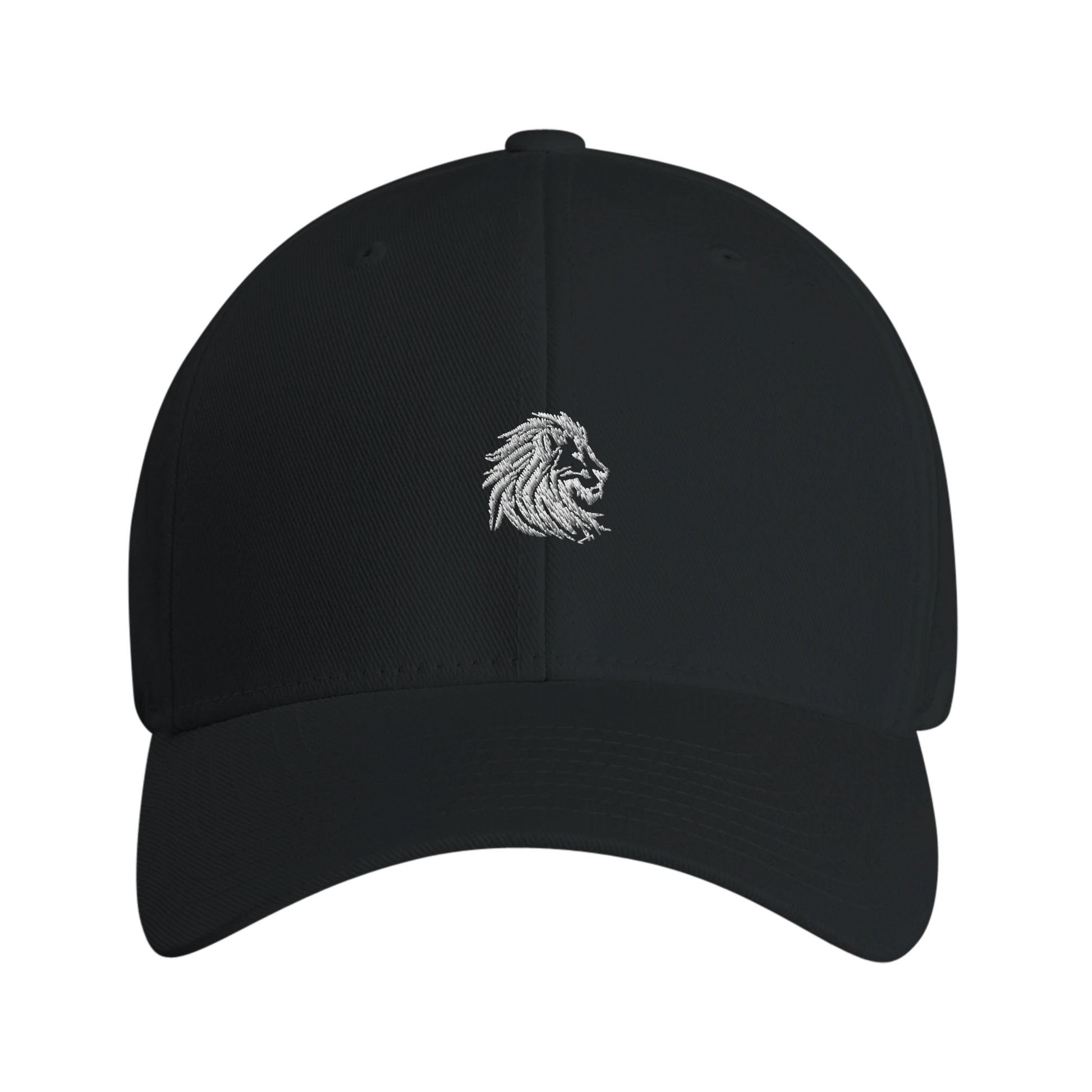 Front view of black baseball cap featuring an embroidered lion head logo — clean minimalist design symbolizing silent strength and sharp presence.
