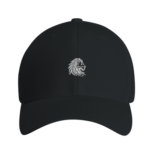 Front view of black baseball cap featuring an embroidered lion head logo — clean minimalist design symbolizing silent strength and sharp presence.