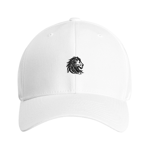 Front view of white baseball cap featuring an embroidered lion head logo — clean minimalist design symbolizing silent strength and sharp presence.