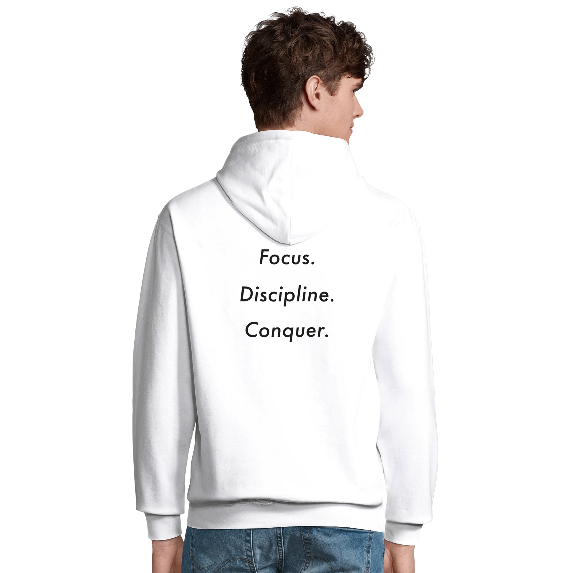 White hoodie with Focus. Discipline. Conquer. back print – modest streetwear for disciplined minds