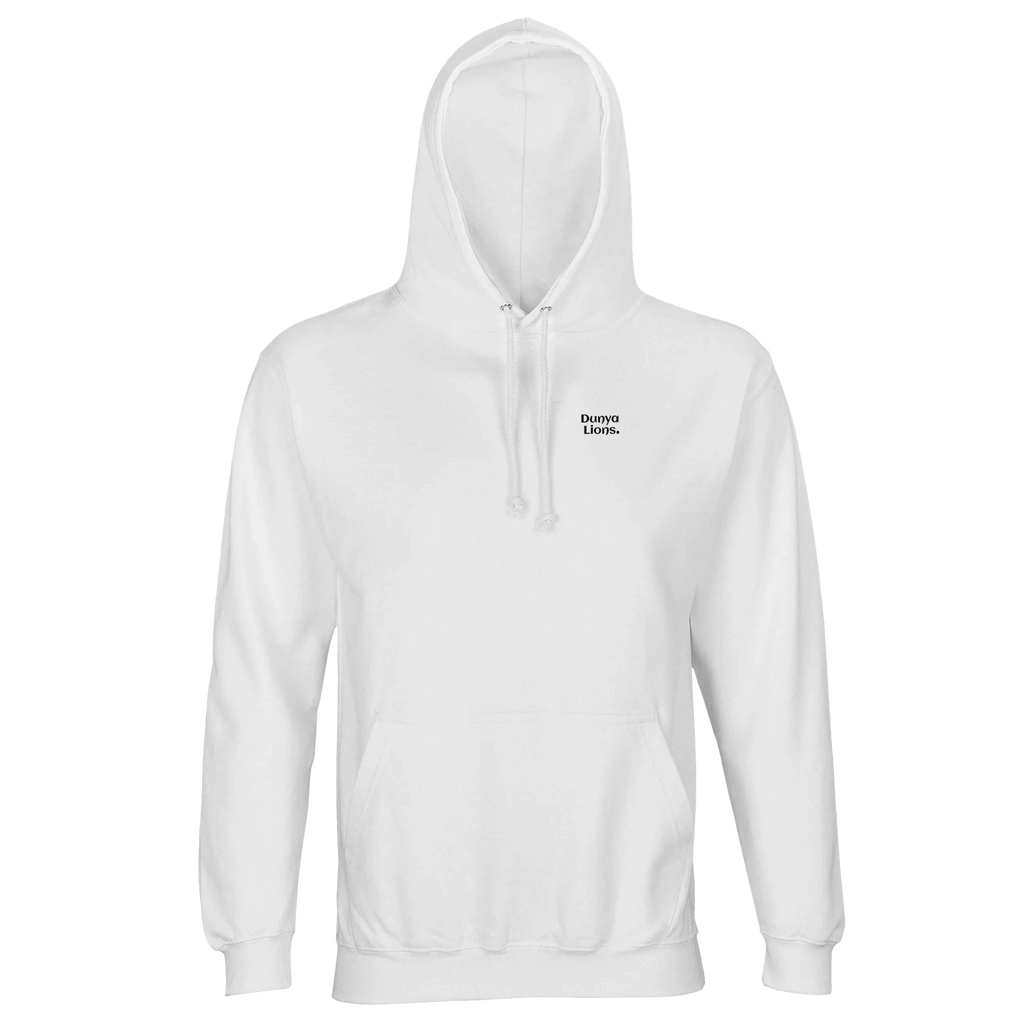 White streetwear hoodie with Dunya Lions. logo – modest style, elite vision