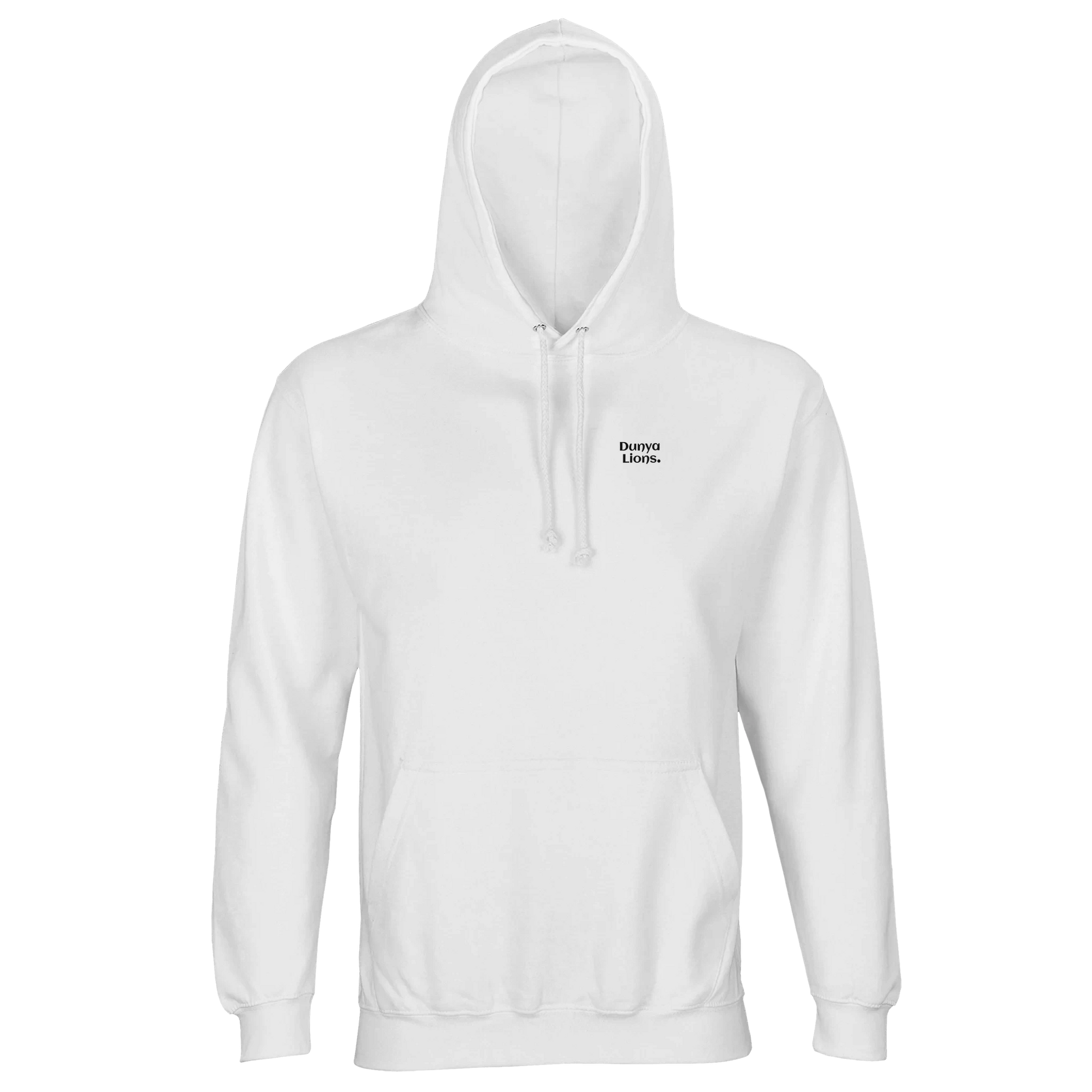 White streetwear hoodie with Dunya Lions. logo – modest style, elite vision