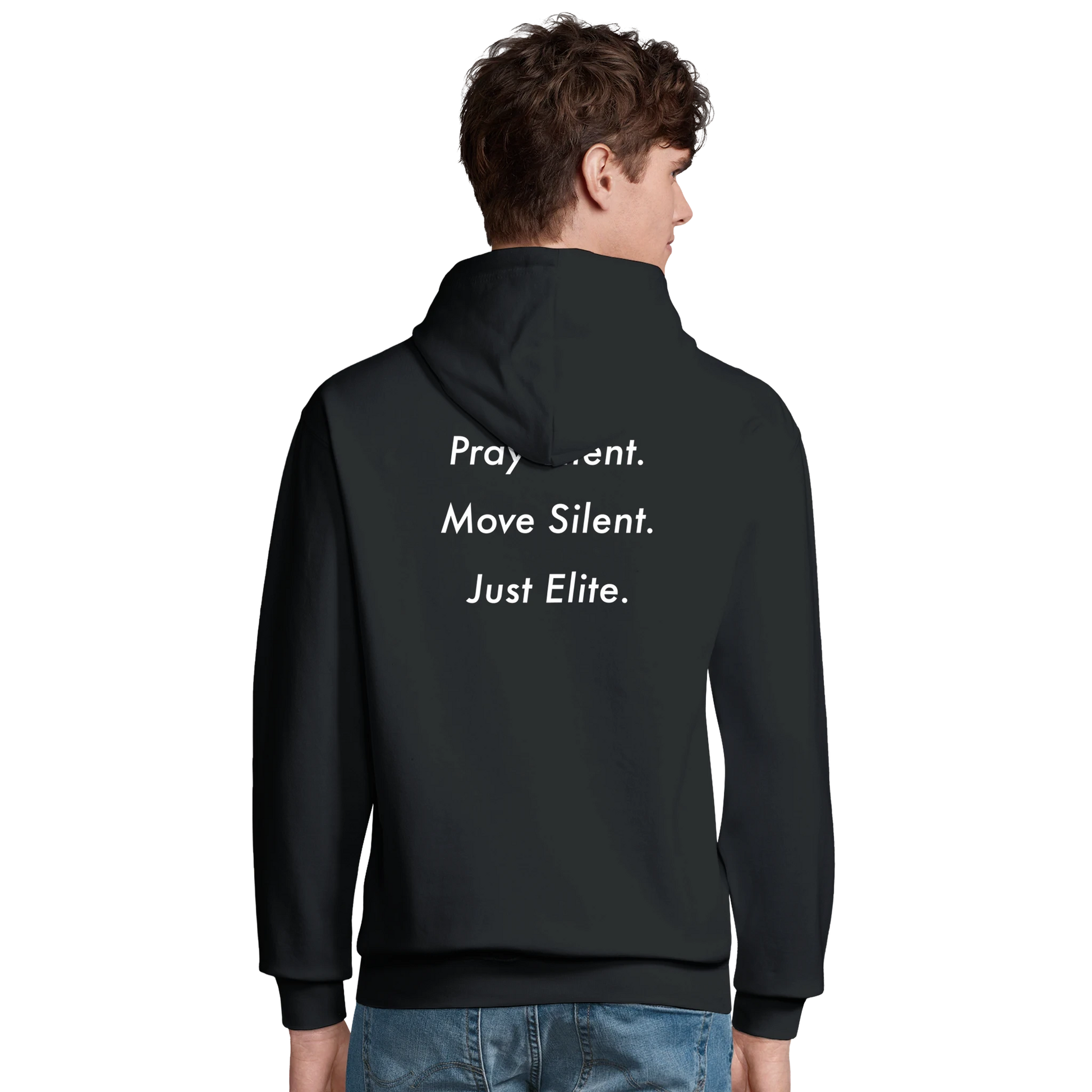 black hoodie with pray silent. move silent. just elite. back print – modest streetwear for disciplined minds