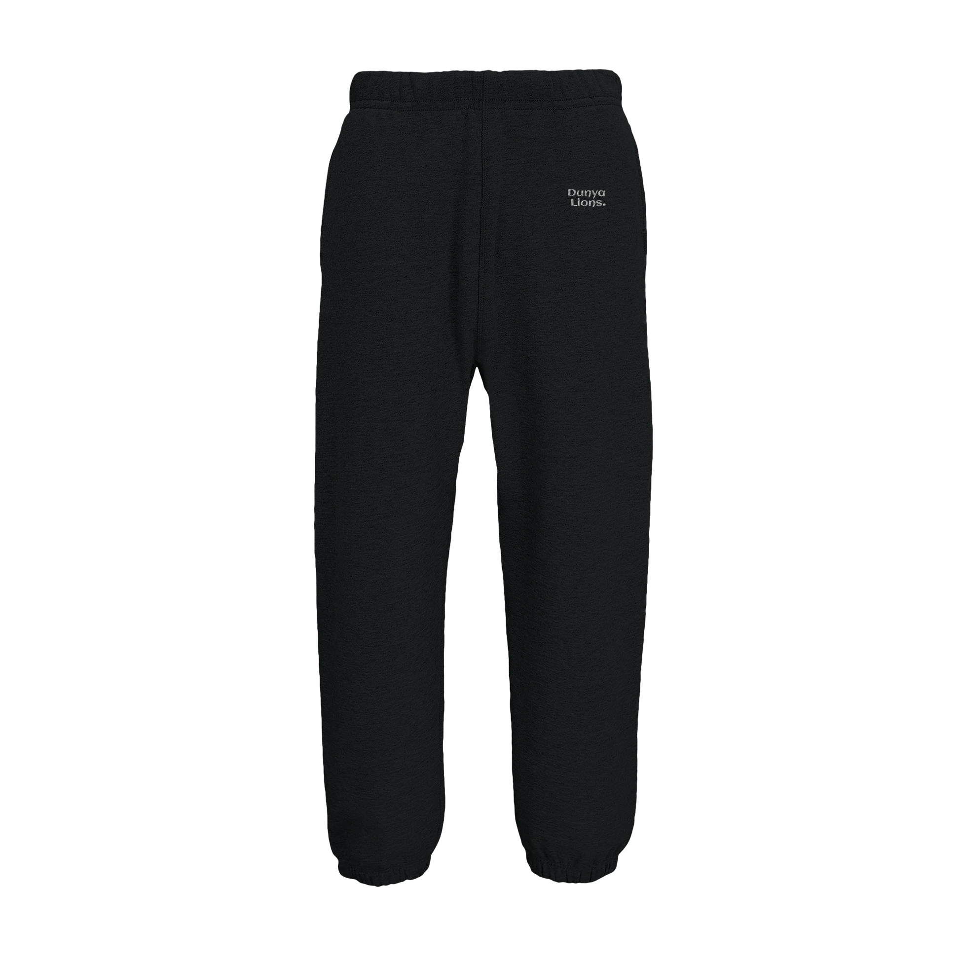 Front view of black embroidered joggers featuring the minimal “Dunya Lions.” logo on the left thigh — crafted for silent movement, elite focus, and unmatched presence.