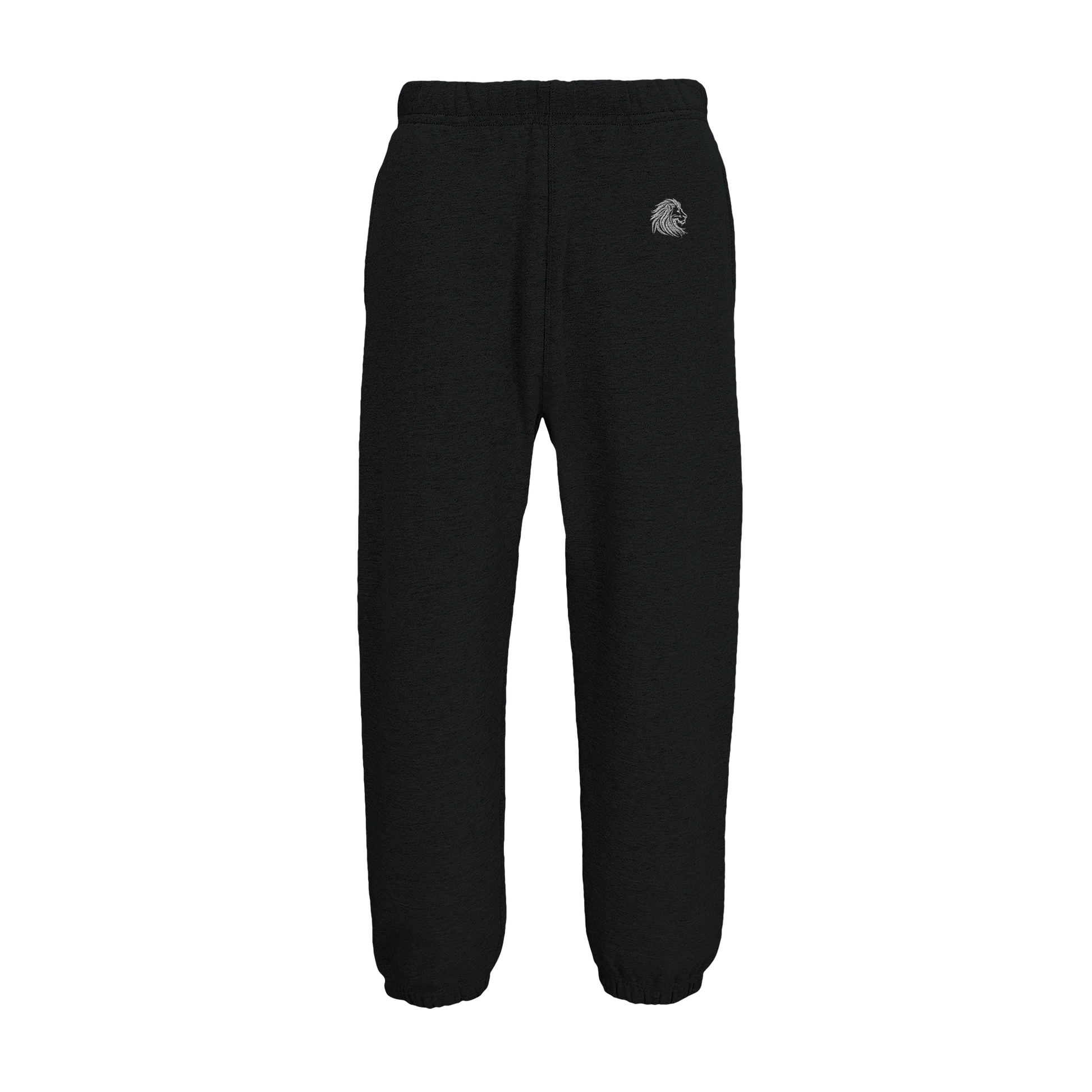 Front view of black embroidered joggers featuring the minimal “lion head.” logo on the left thigh — crafted for silent movement, elite focus, and unmatched presence.