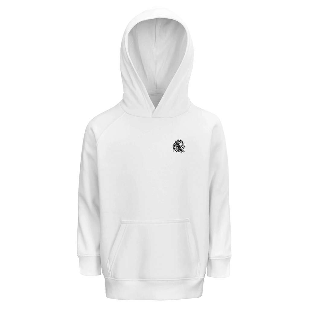 White hoodie for kids with lion symbol – loaded with innocence, bravery, and calm power