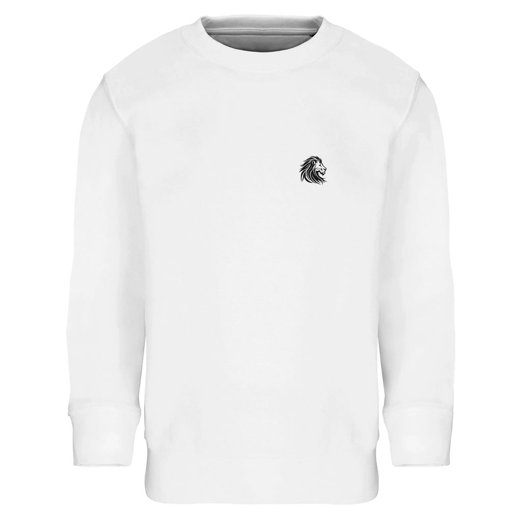 White sweatshirt for kids with lion emblem – loaded with strength, dignity, and pure presence