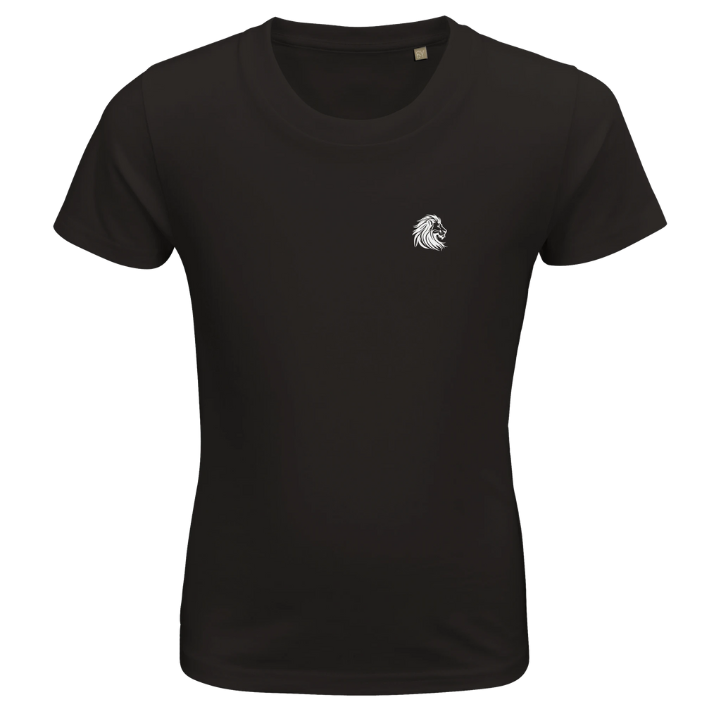 Black kids T-shirt with lion emblem on the chest – loaded with strength, identity, and quiet courage