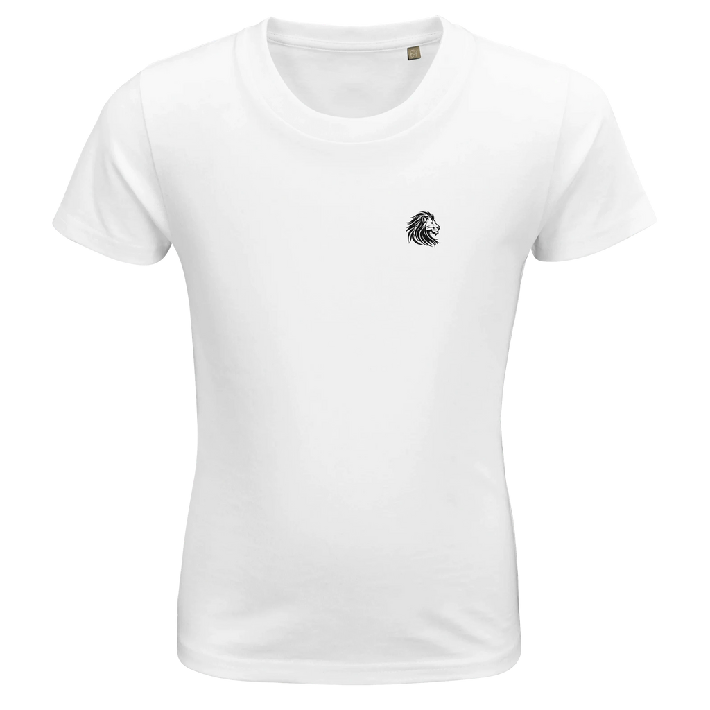 White kids T-shirt with lion print over the heart – loaded with calm pride and inner strength
