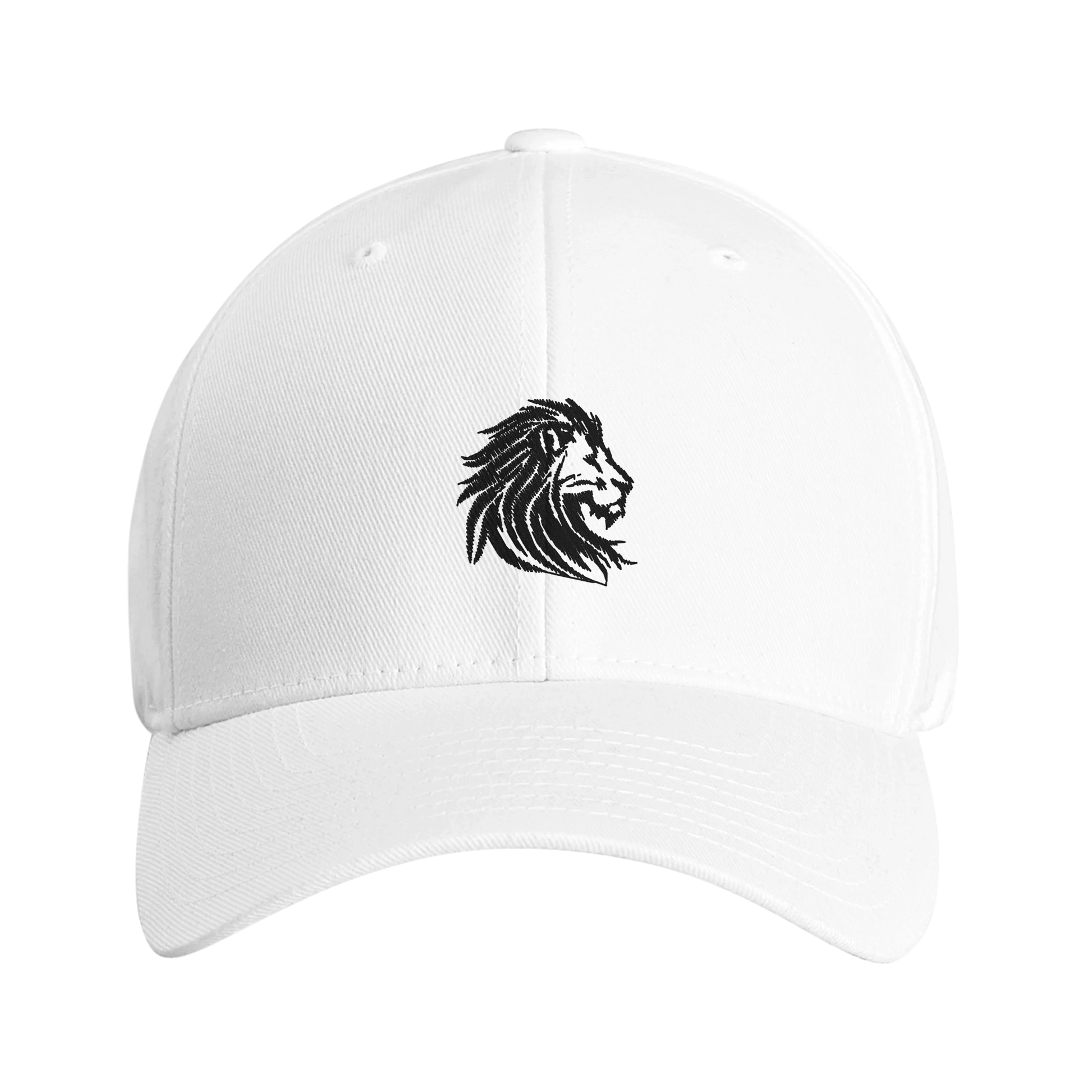 Front view of white baseball cap featuring an embroidered lion head logo — clean minimalist design symbolizing silent strength and sharp presence.