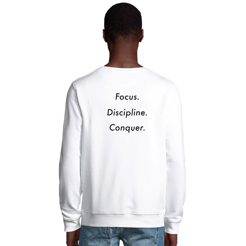 DL Mockup white sweatshirt with back print focus. discipline. conquer. 