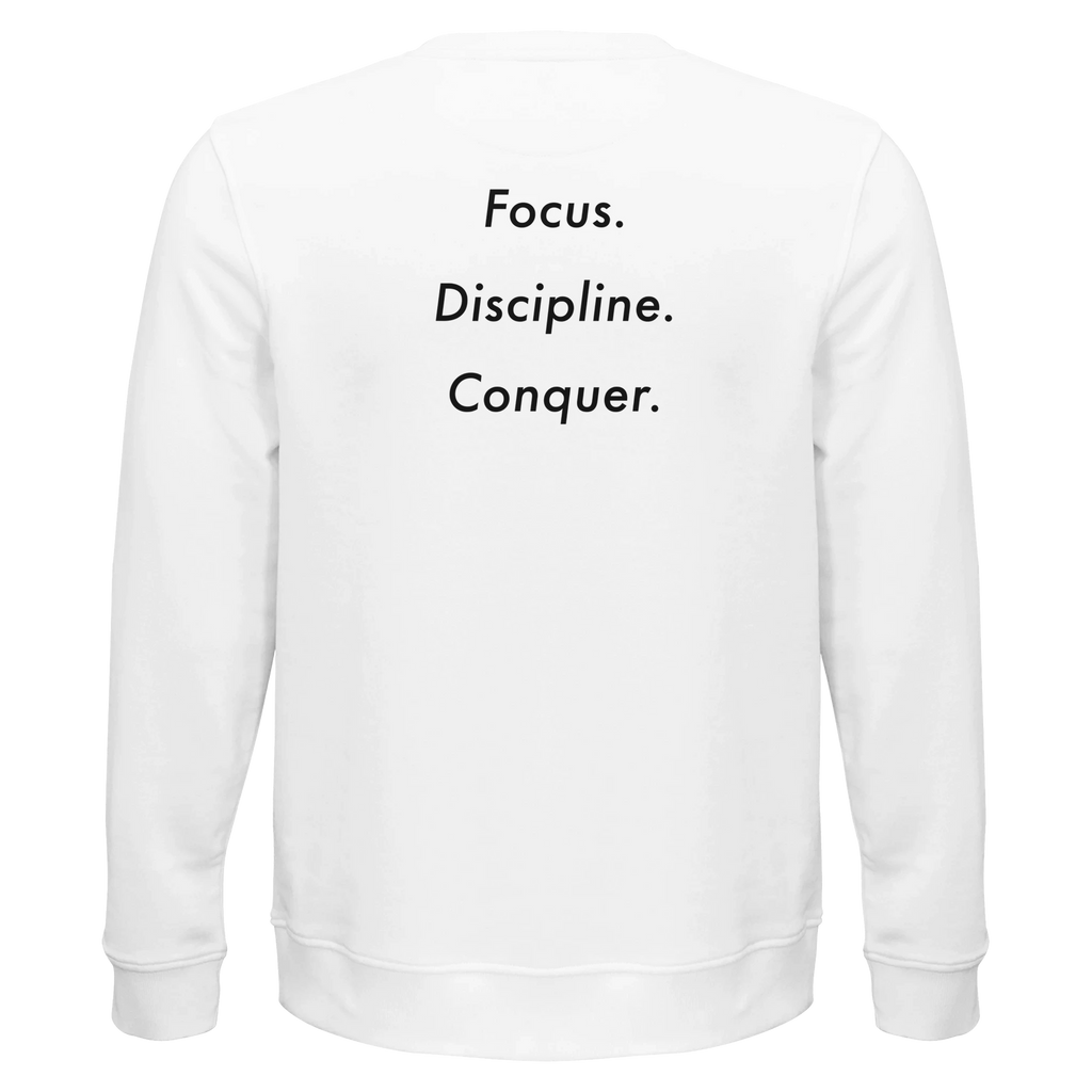 Dunya Lions white sweatshirt with back print focus. discipline. conquer. 