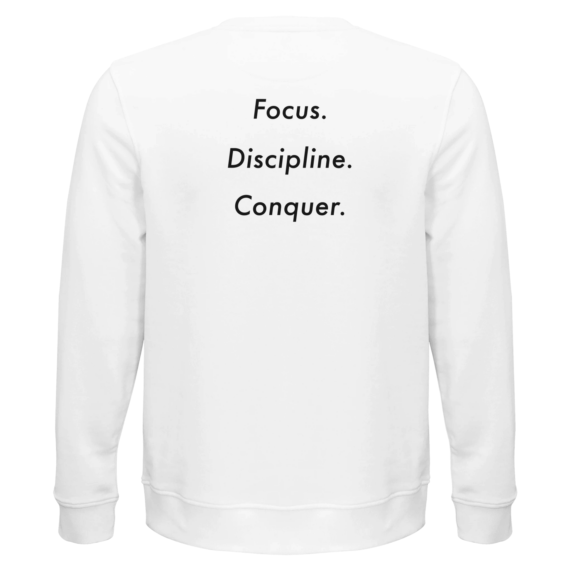 Dunya Lions white sweatshirt with back print focus. discipline. conquer. 