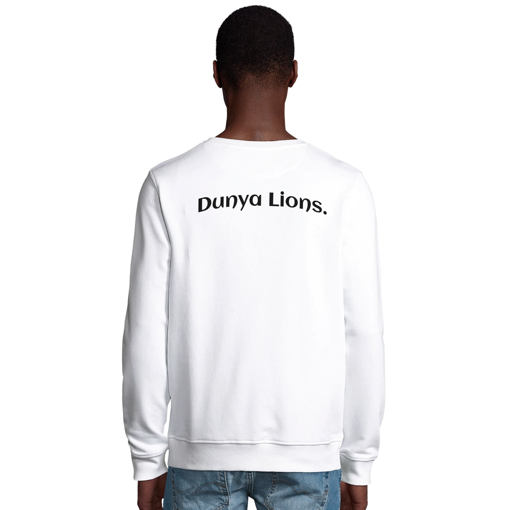 DL Mockup white sweatshirt with backprint Dunya Lions.