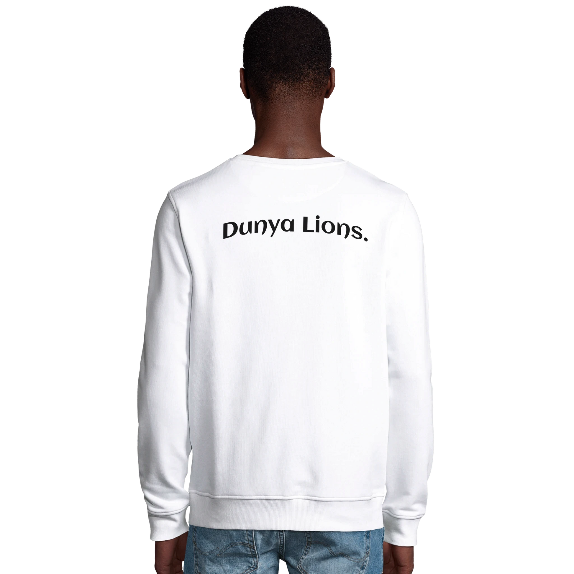 DL Mockup white sweatshirt with backprint Dunya Lions.