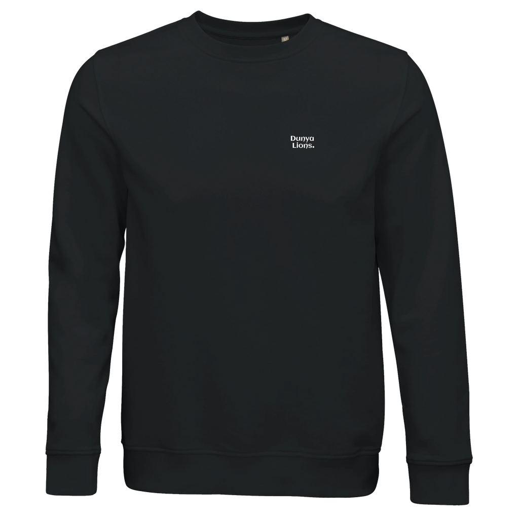 Black organic sweatshirt with Dunya Lions. print – loaded with raw faith, humility, and comeback power
