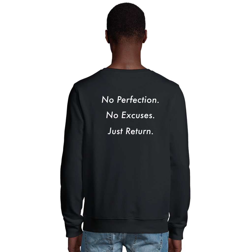 DL mockup black sweatshirt with back print no perfection. no excuses. just return. 