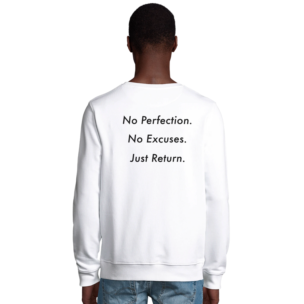 DL Mockup white sweatshirt with print No perfection. no excuses. just return. back view