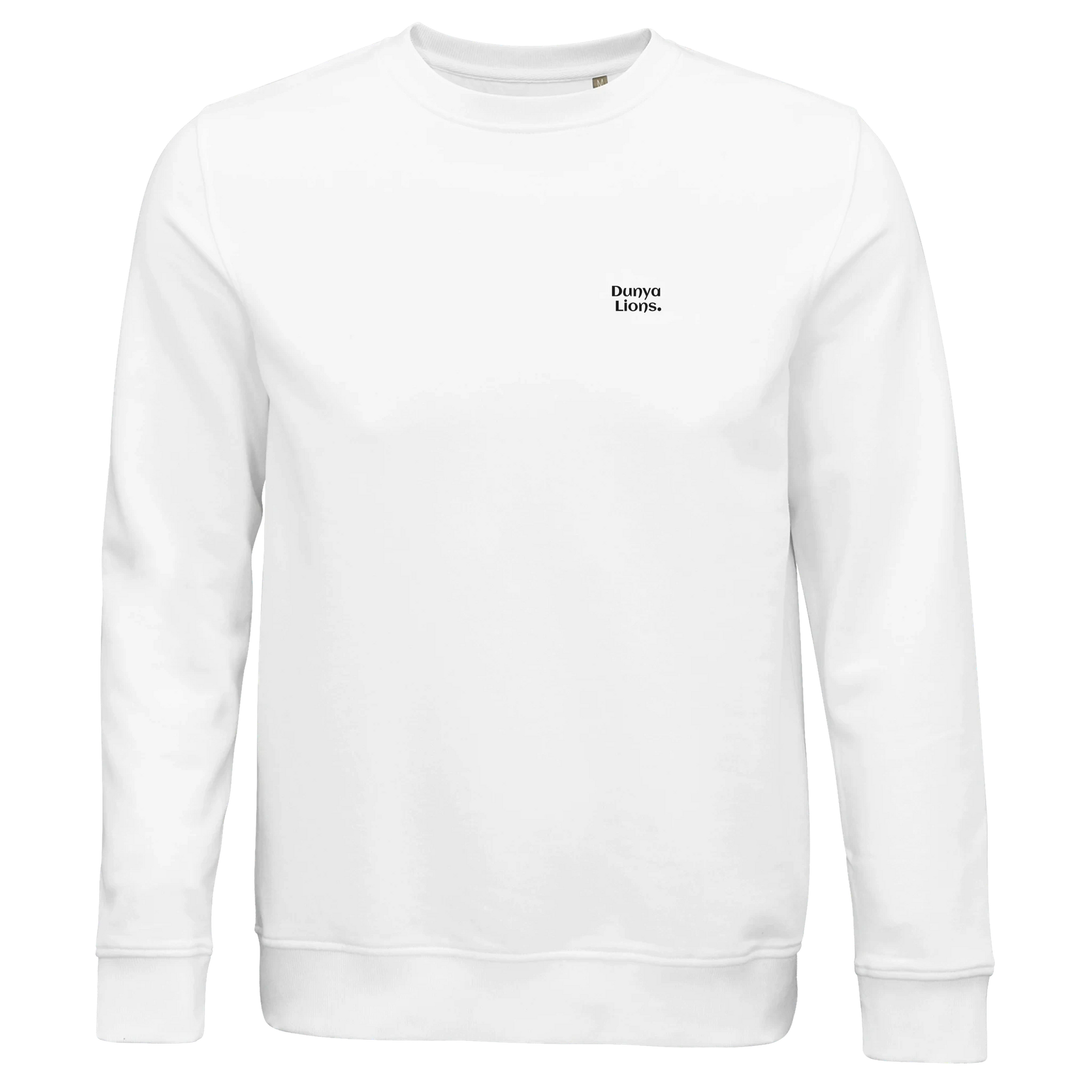 White sweatshirt with Dunya Lions. front logo – loaded with reflection, resolve, and silent strength