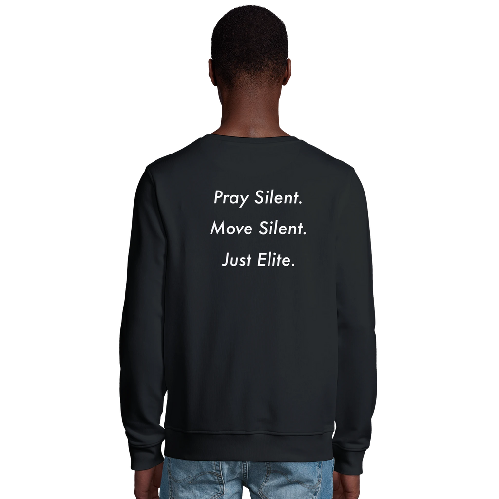 DL Mockup black sweatshirt with back print pray silent. move silent. just elite.