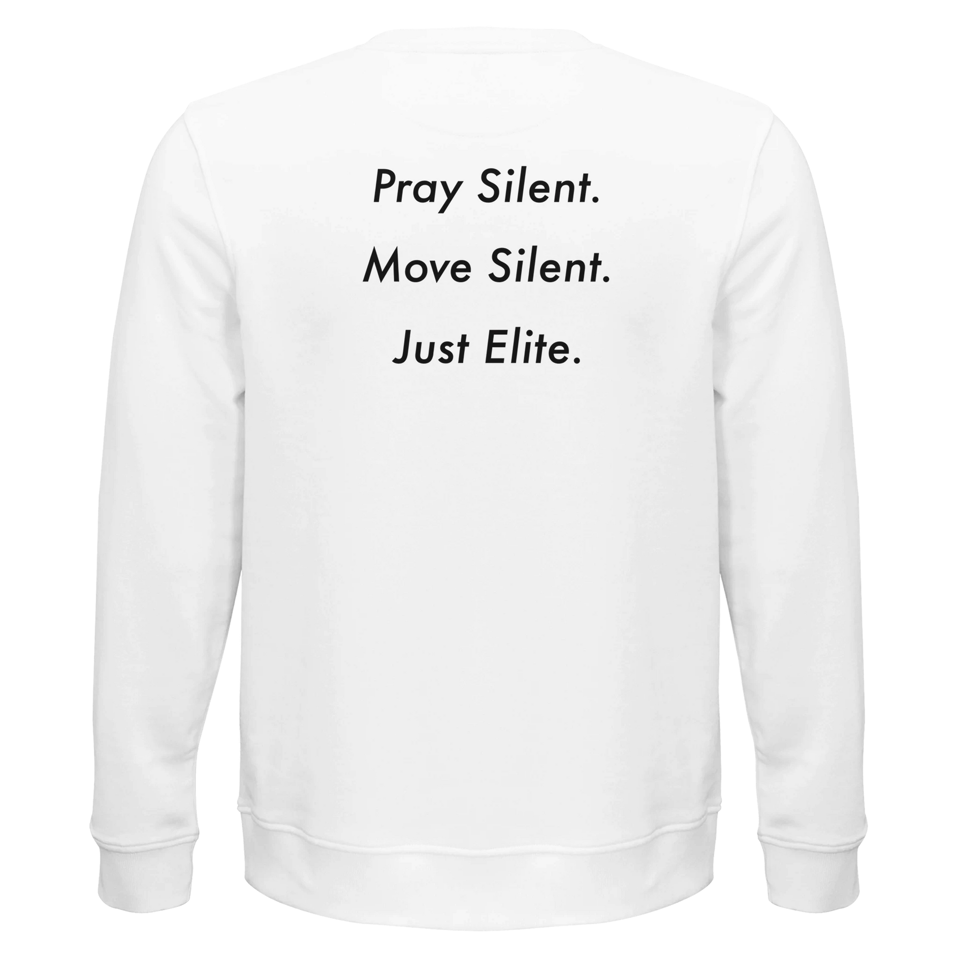 Dunya Lions white sweatshirt with back print pray silent. move silent. just elite.