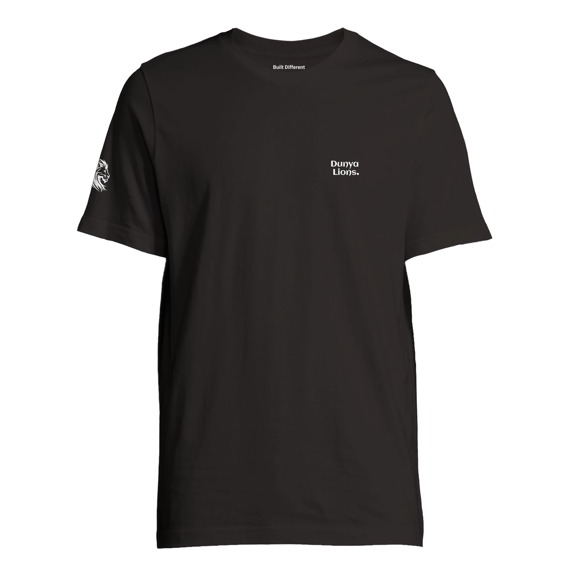 Comfortable fit black T-shirt with bold Dunya Lions. front print – loaded with identity, presence, and the built-different frequency; subtle lion emblem on the side completes the silent dominance