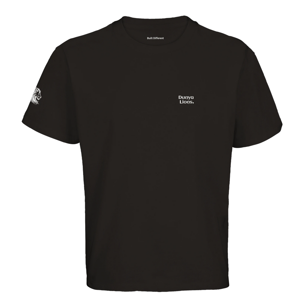Oversized black T-shirt featuring large Dunya Lions. front logo – loaded with purity, silent power, and the built-different code; lion head detail on the side adds symbolic weight