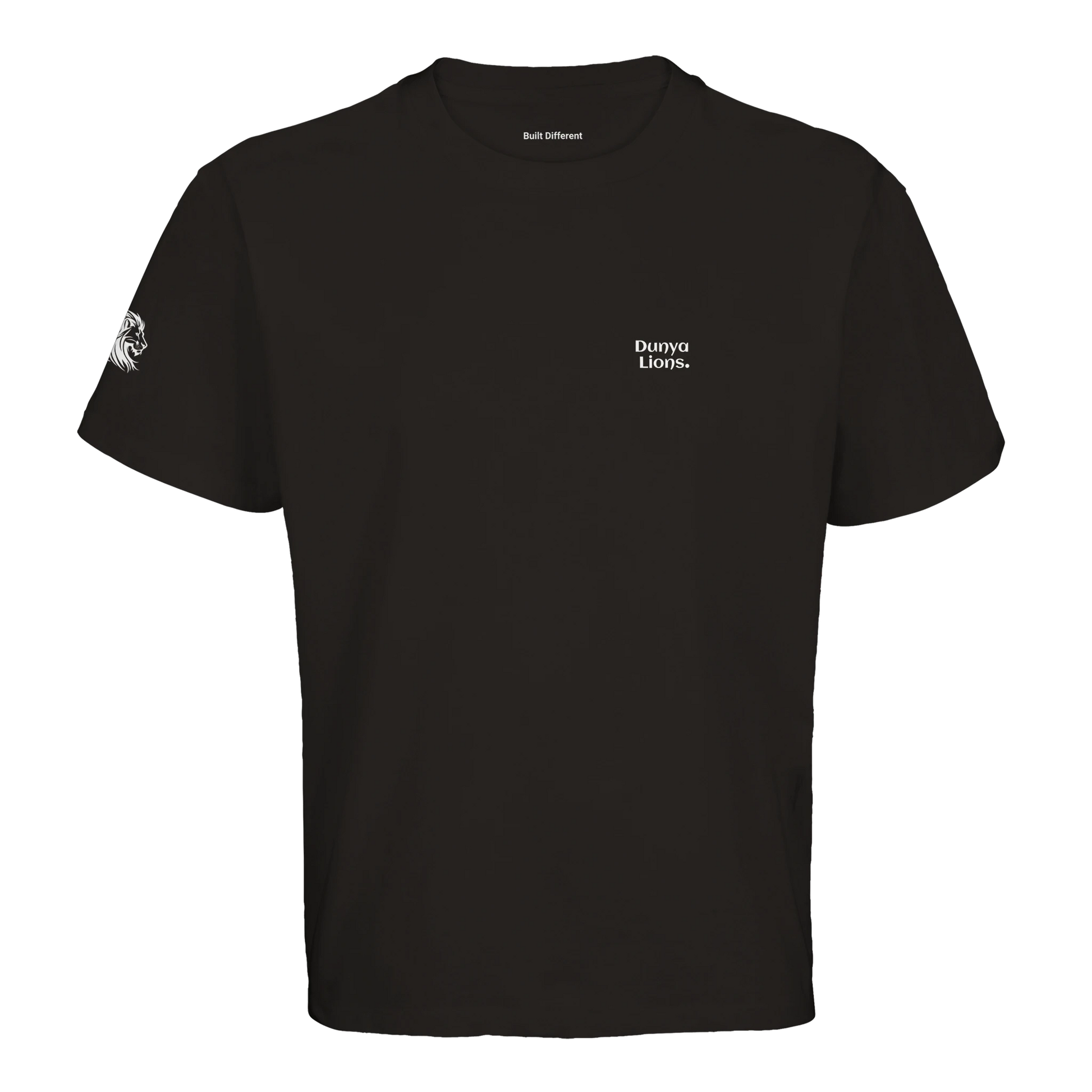 Oversized black T-shirt featuring large Dunya Lions. front logo – loaded with purity, silent power, and the built-different code; lion head detail on the side adds symbolic weight