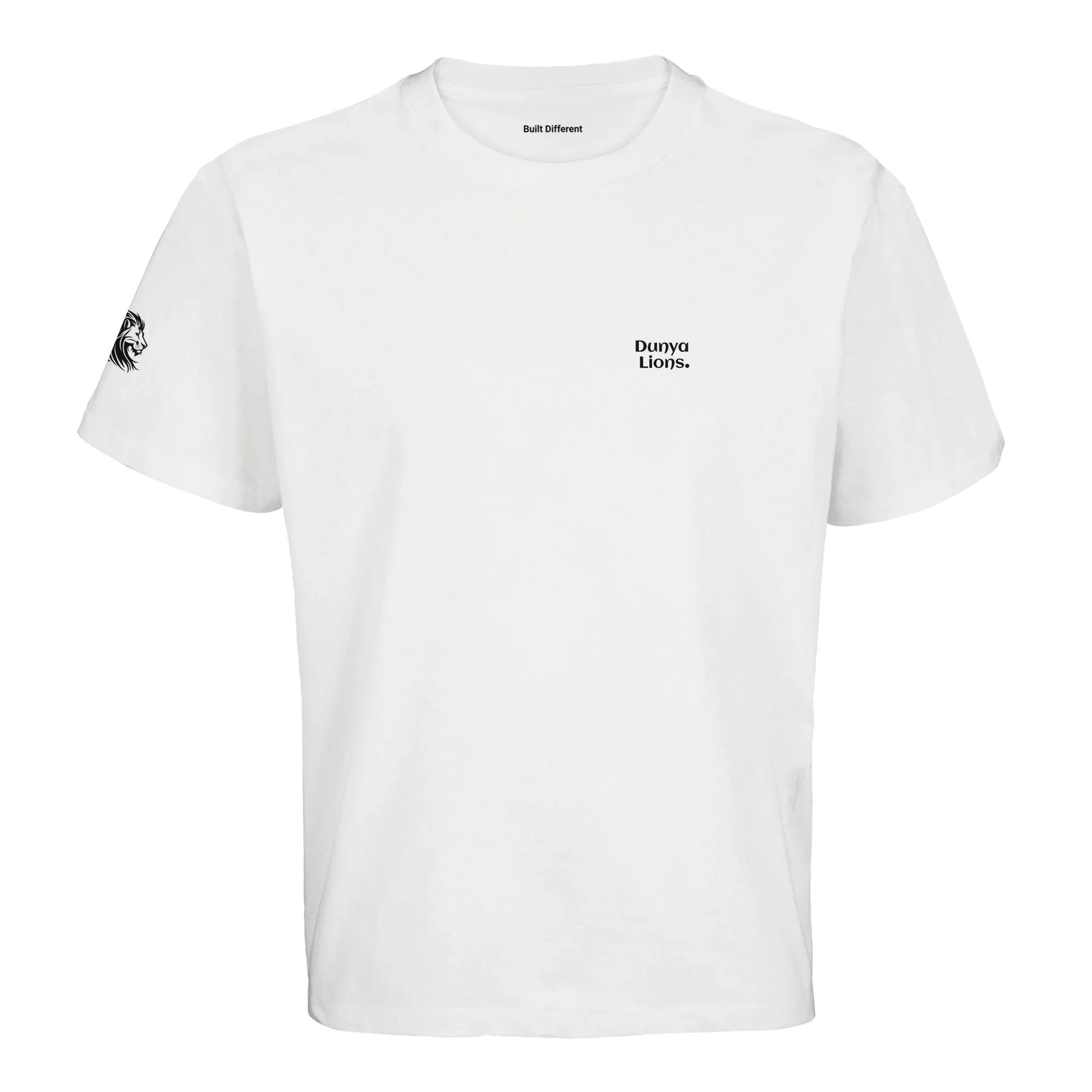 Oversized white T-shirt featuring large Dunya Lions. front logo – loaded with purity, silent power, and the built-different code; lion head detail on the side adds symbolic weight