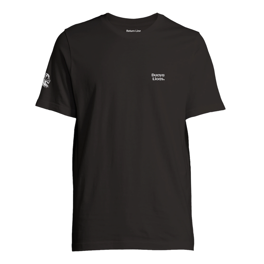 comfortable fit black T-shirt with lion emblem placed over the heart – loaded with fearless presence and inner loyalty; Dunya Lions. detail on the right sleeve and Built Different neck print complete the code