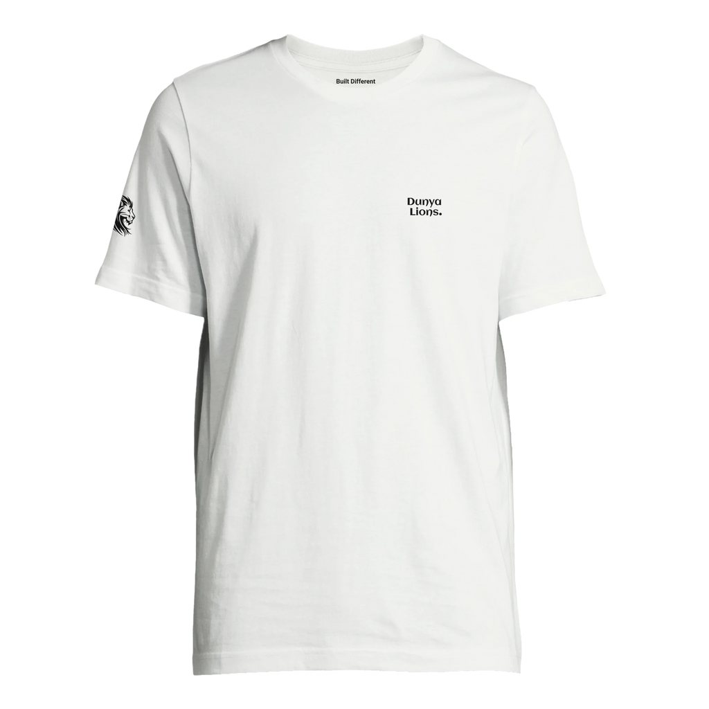 comfortable fit  white T-shirt featuring a lion head over the chest – loaded with silent pride, spiritual strength, and elite intent; Dunya Lions. printed on the sleeve and Built Different in the inner neck