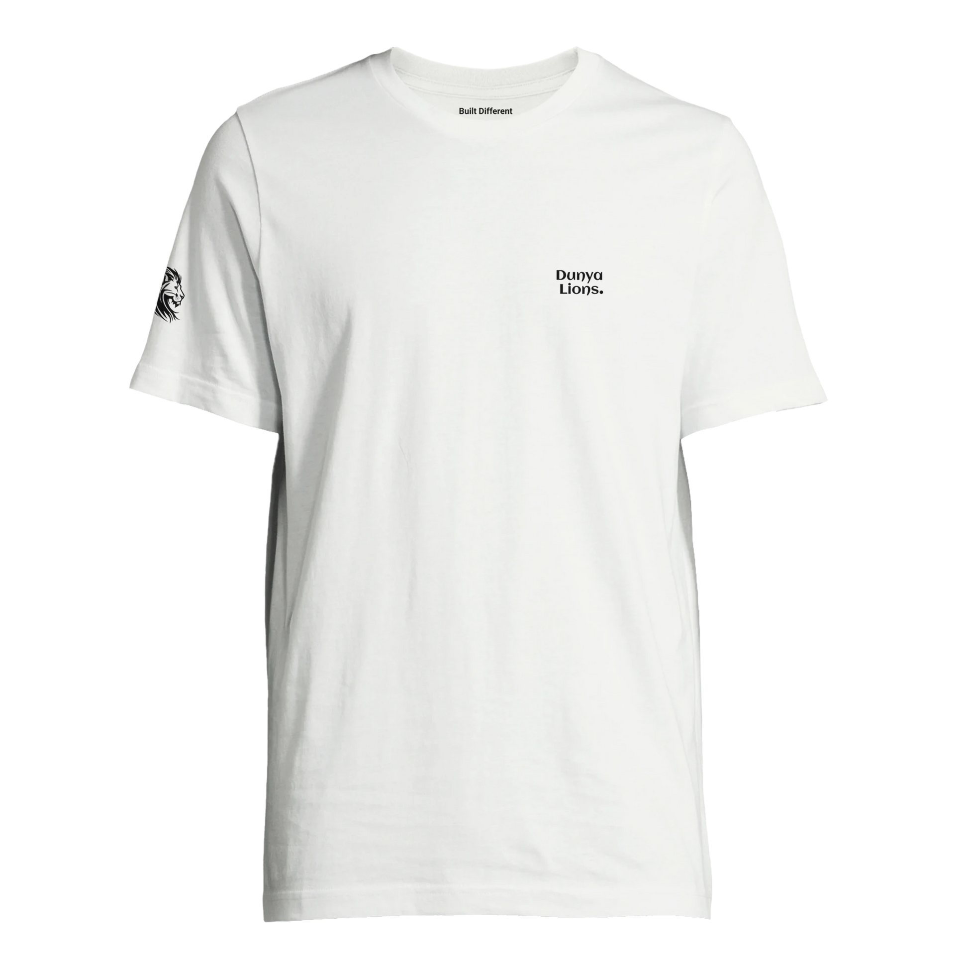 comfortable fit  white T-shirt featuring a lion head over the chest – loaded with silent pride, spiritual strength, and elite intent; Dunya Lions. printed on the sleeve and Built Different in the inner neck