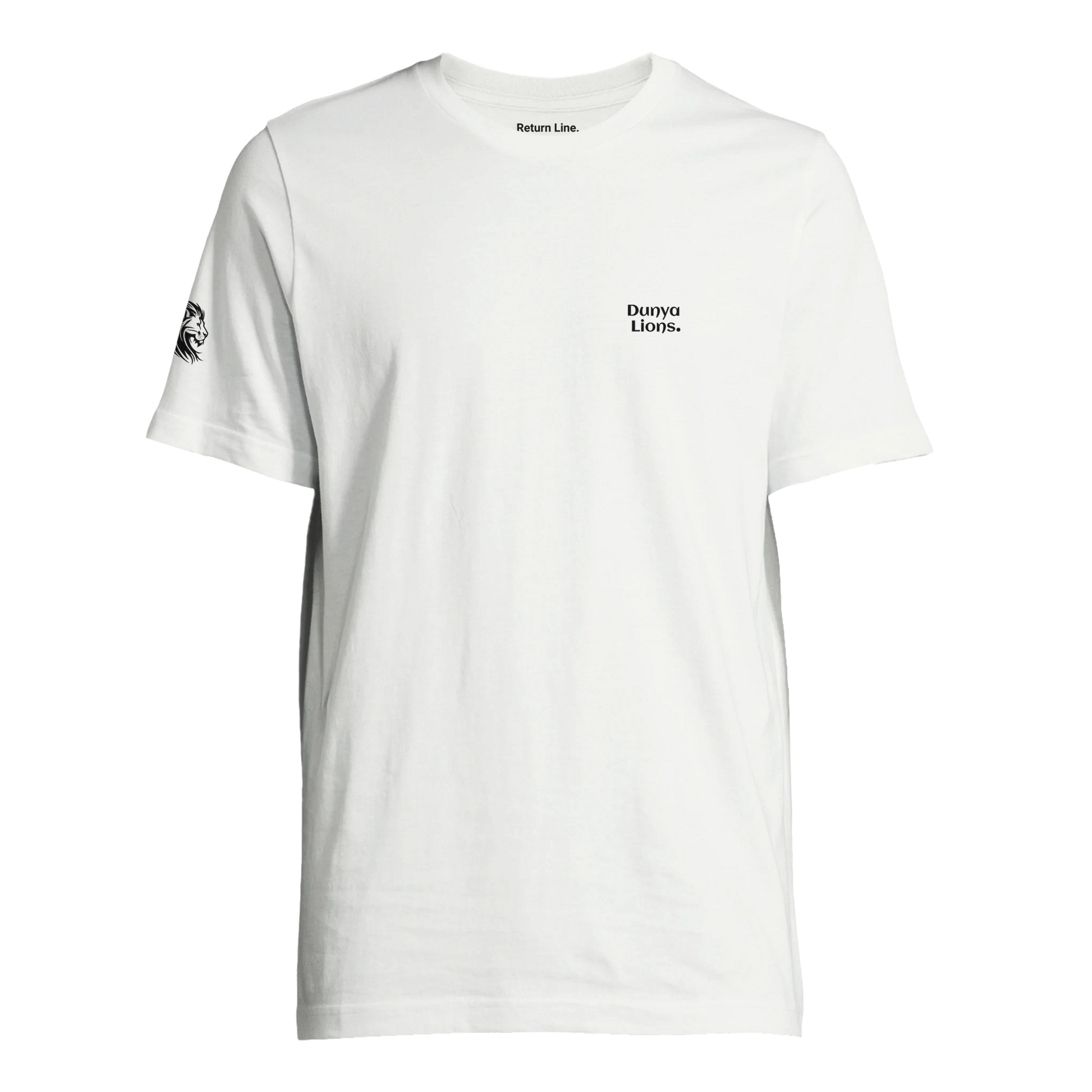 comfortable fit  white T-shirt featuring a lion head over the chest – loaded with silent pride, spiritual strength, and elite intent; Dunya Lions. printed on the sleeve and Built Different in the inner neck