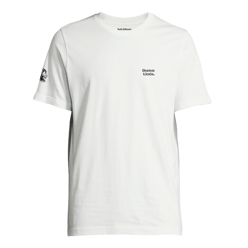 comfortable fit  white T-shirt featuring a lion head over the chest – loaded with silent pride, spiritual strength, and elite intent; Dunya Lions. printed on the sleeve and Built Different in the inner neck
