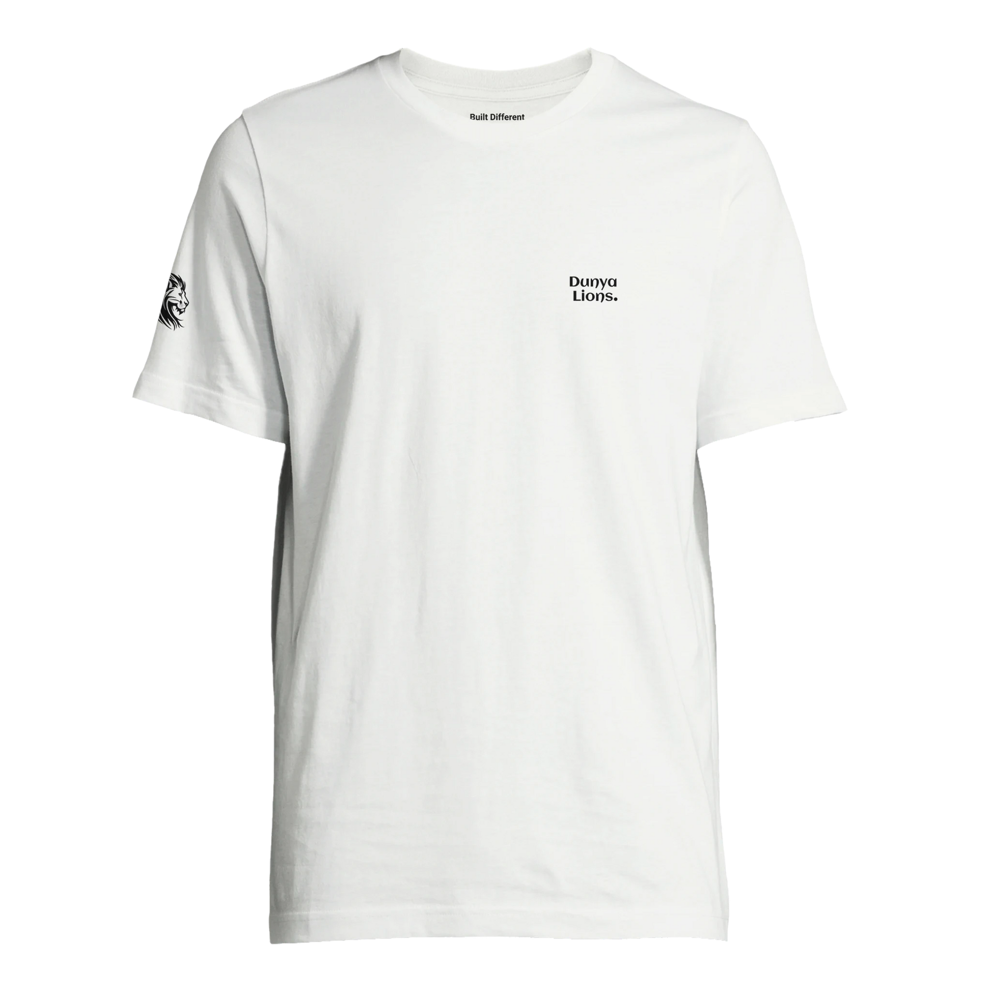comfortable fit  white T-shirt featuring a lion head over the chest – loaded with silent pride, spiritual strength, and elite intent; Dunya Lions. printed on the sleeve and Built Different in the inner neck