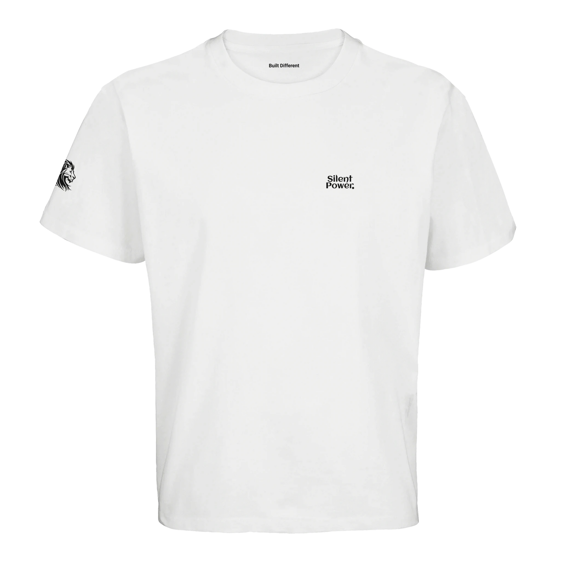Oversized white T-shirt featuring a lion head over the chest – loaded with silent pride, spiritual strength, and elite intent; Dunya Lions. printed on the sleeve and Built Different in the inner neck