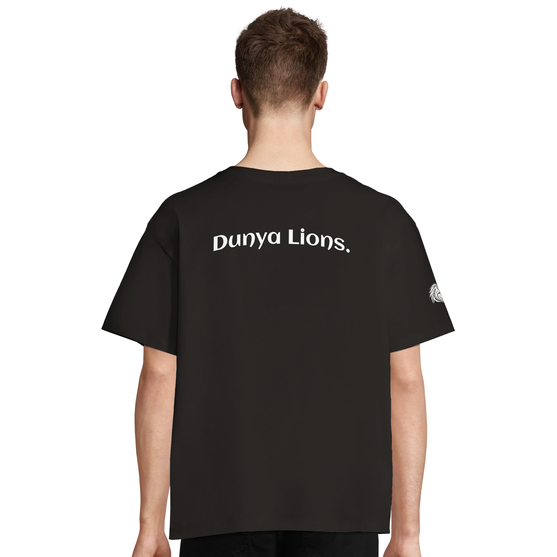 Black T-shirt with bold Dunya Lions. back print – loaded with calm dominance and quiet identity - Mockup