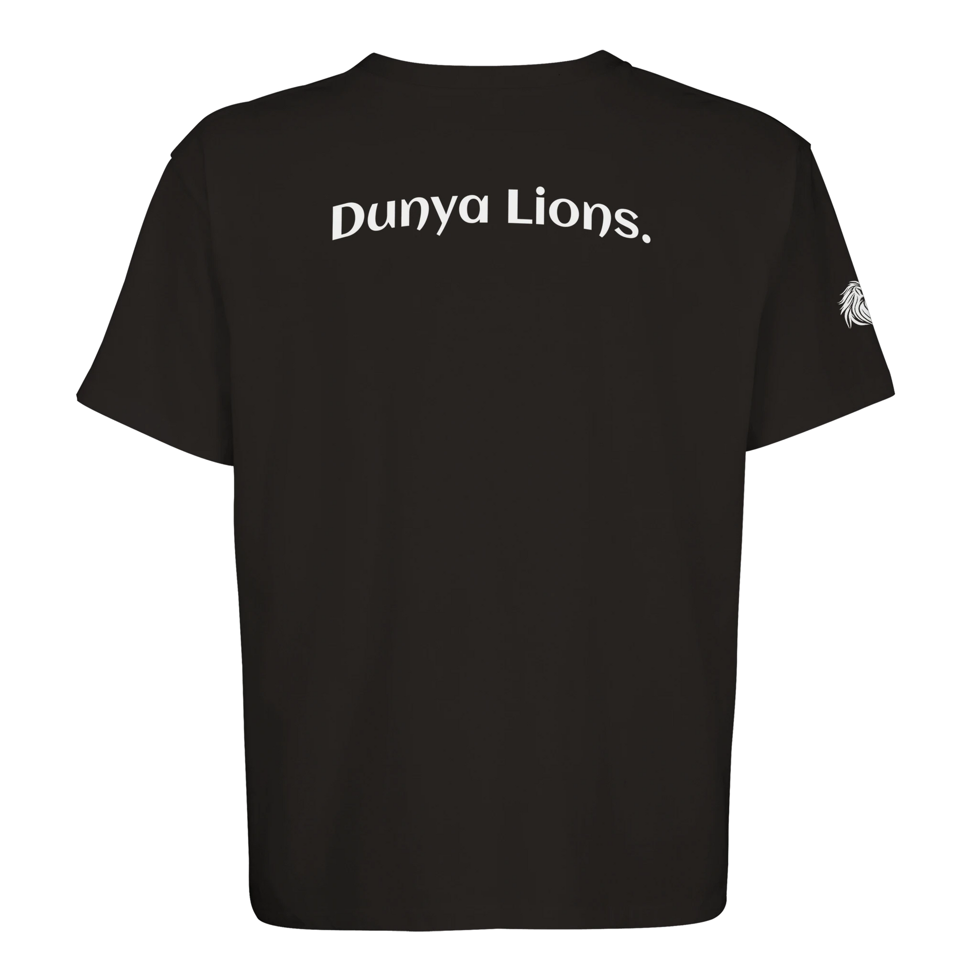 Black T-shirt with bold Dunya Lions. back print – loaded with calm dominance and quiet identity