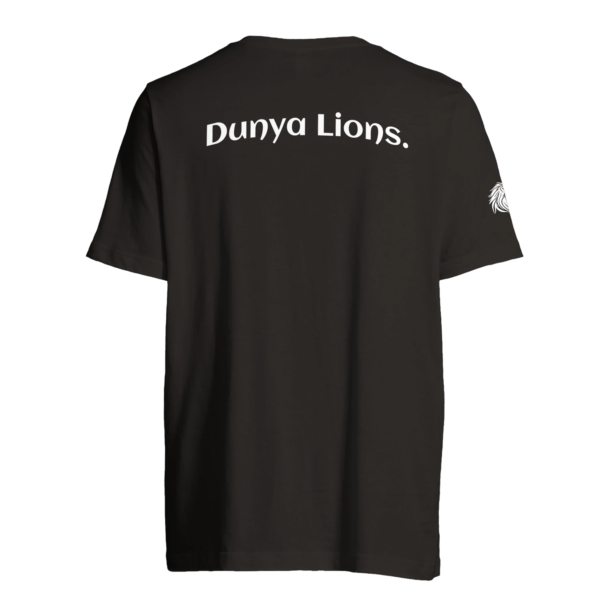  Black T-shirt with bold Dunya Lions. back print – loaded with calm dominance and quiet identity
