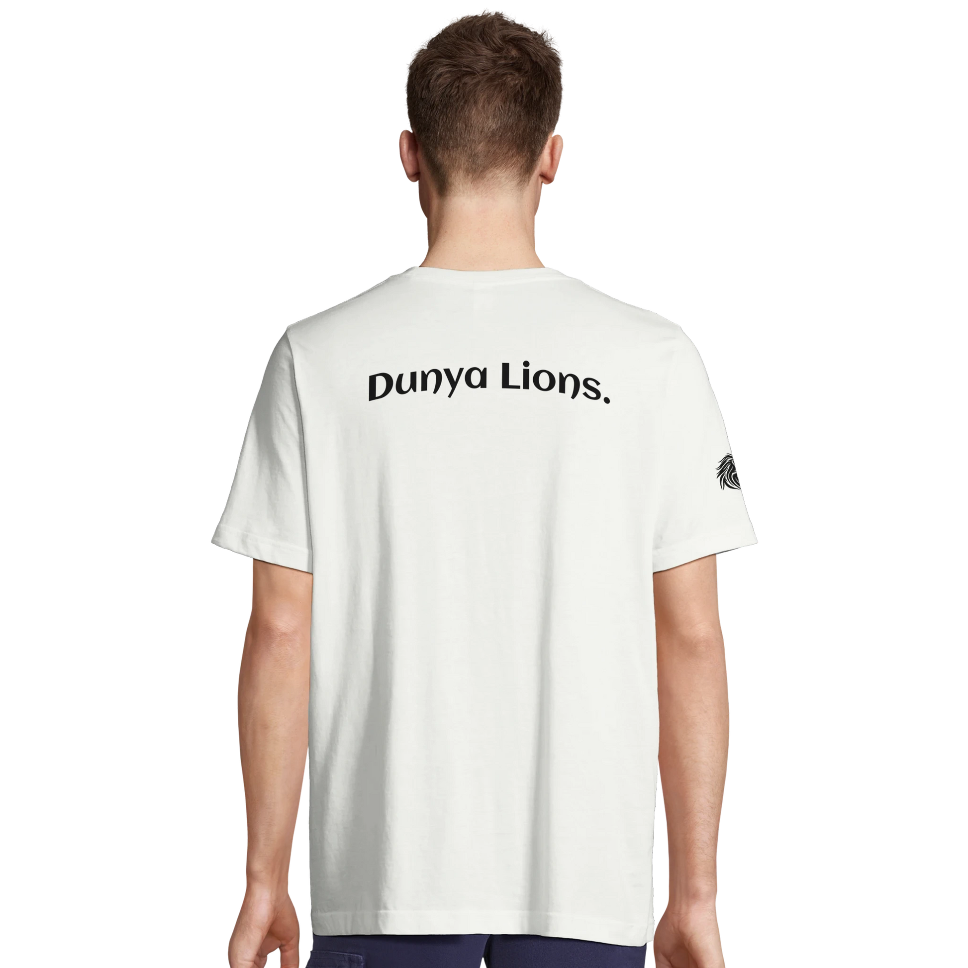 White tee with Dunya Lions. print across the back – loaded with clean authority and pure energy