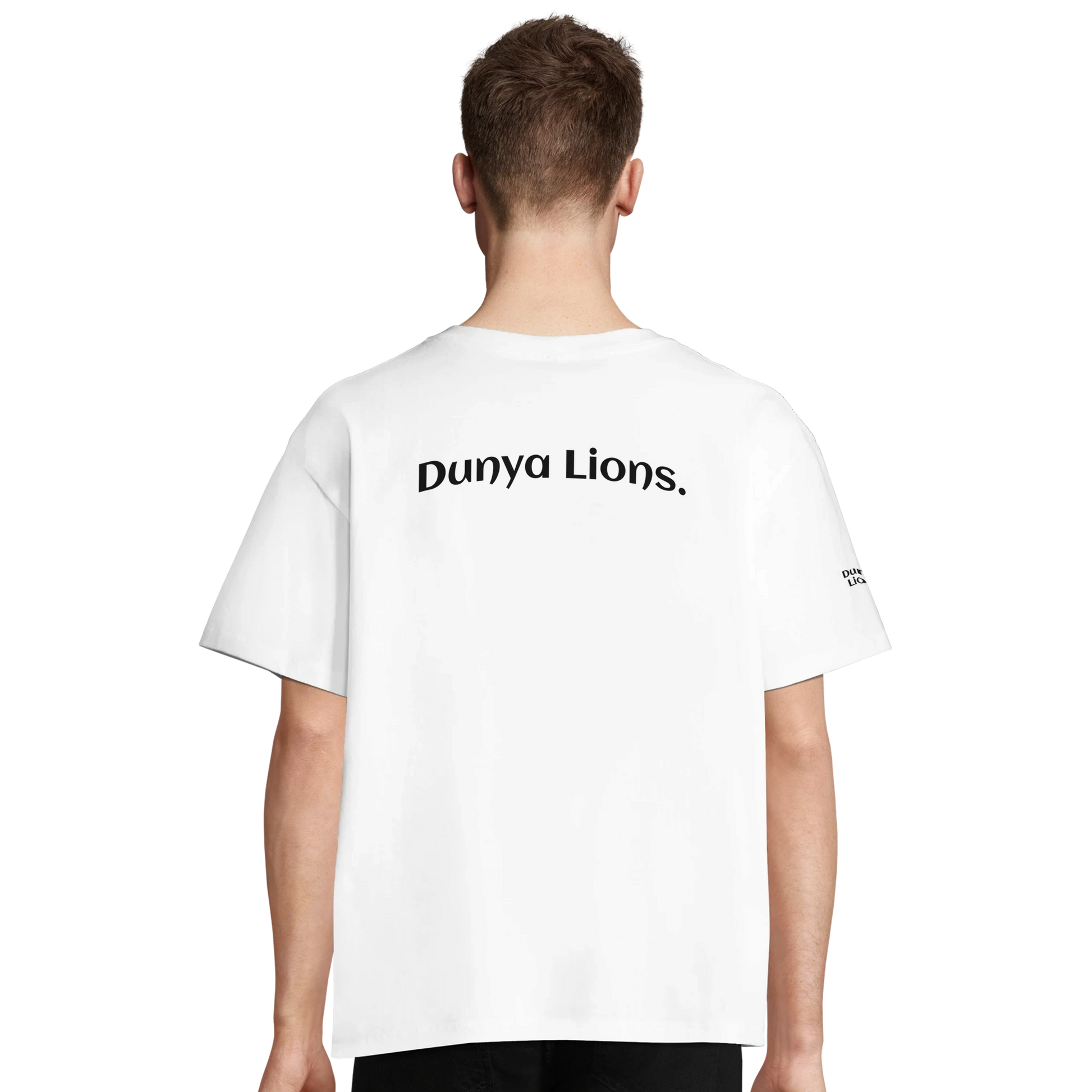 White tee with Dunya Lions. print across the back – loaded with clean authority and pure energy