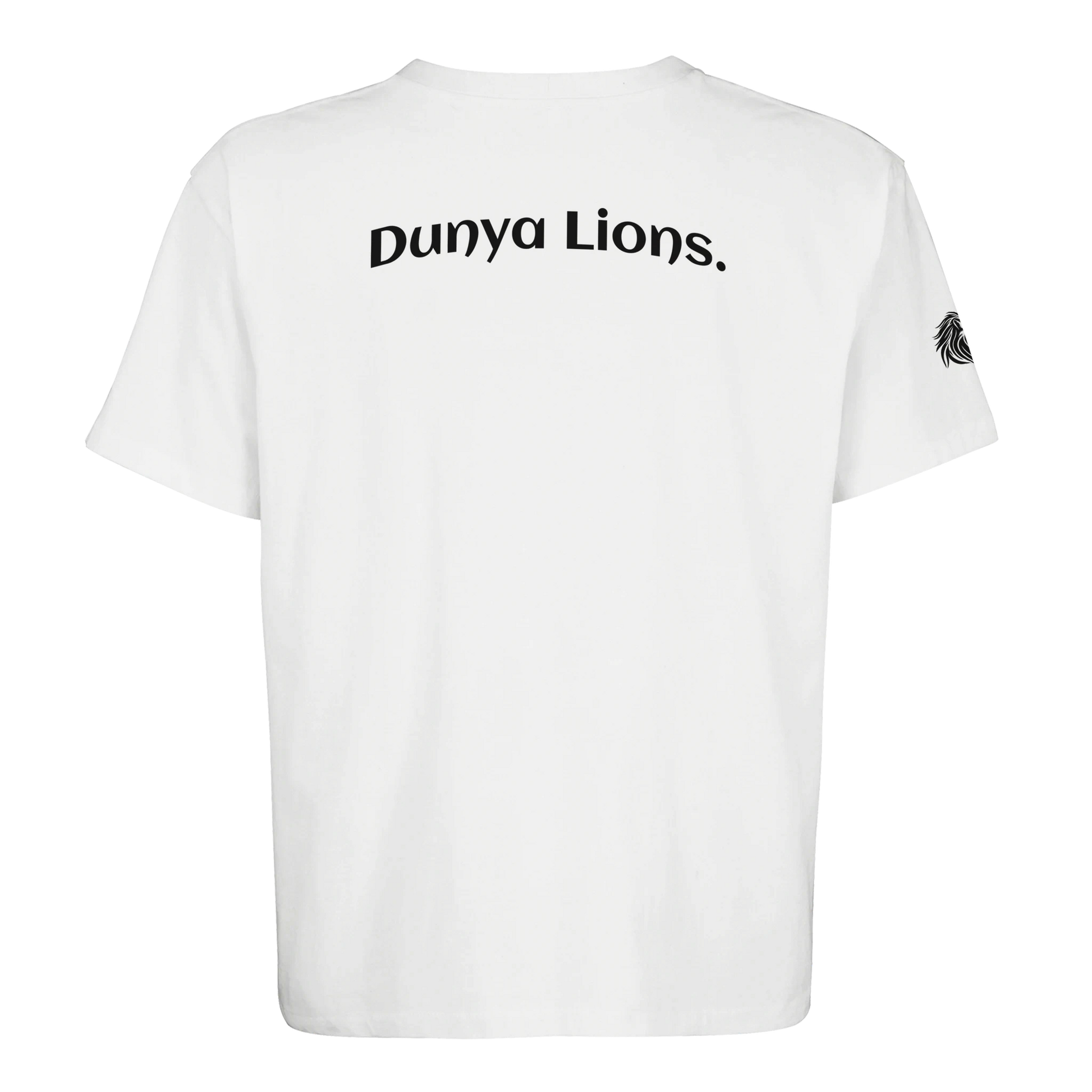 White tee with Dunya Lions. print across the back – loaded with clean authority and pure energy