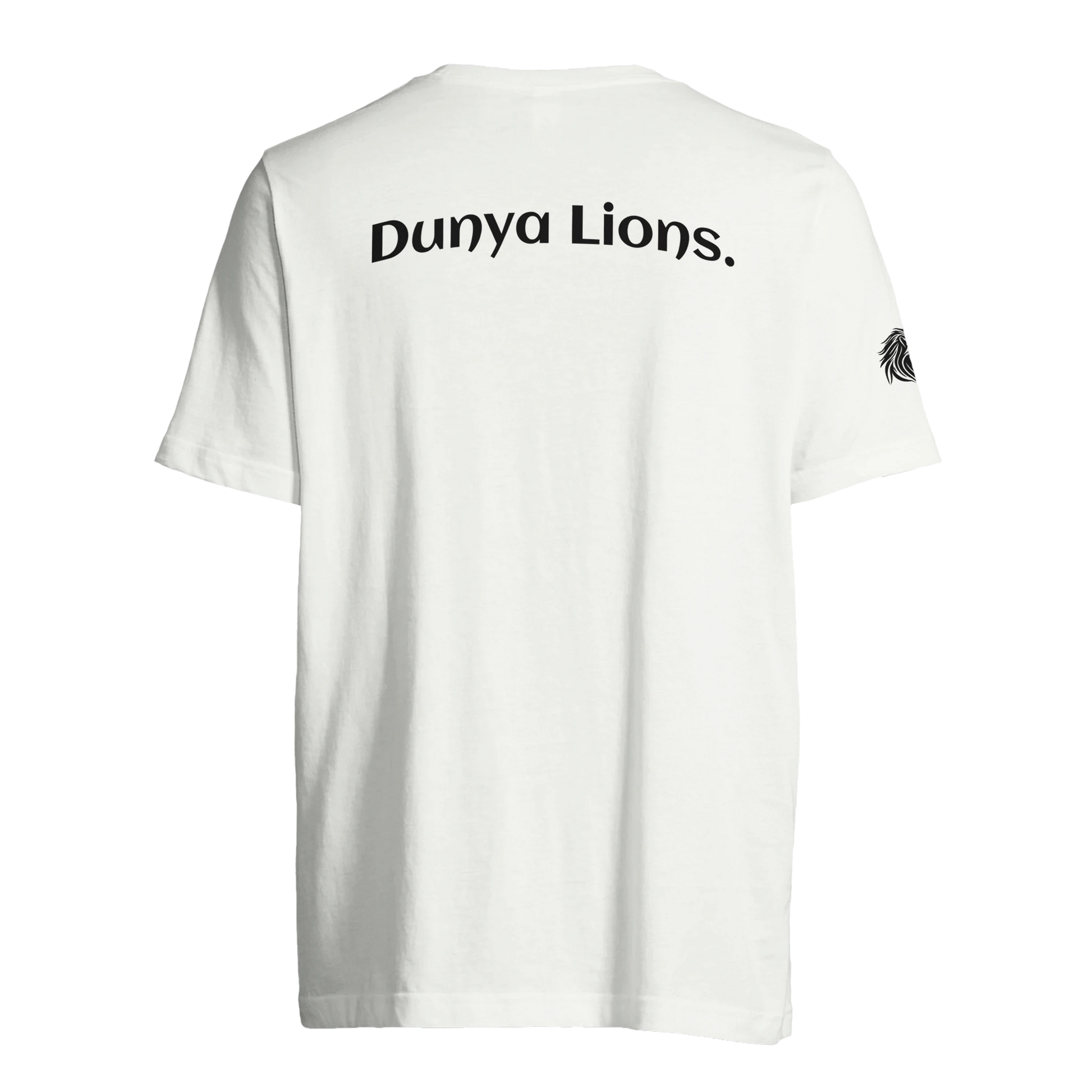 White tee with Dunya Lions. print across the back – loaded with clean authority and pure energy