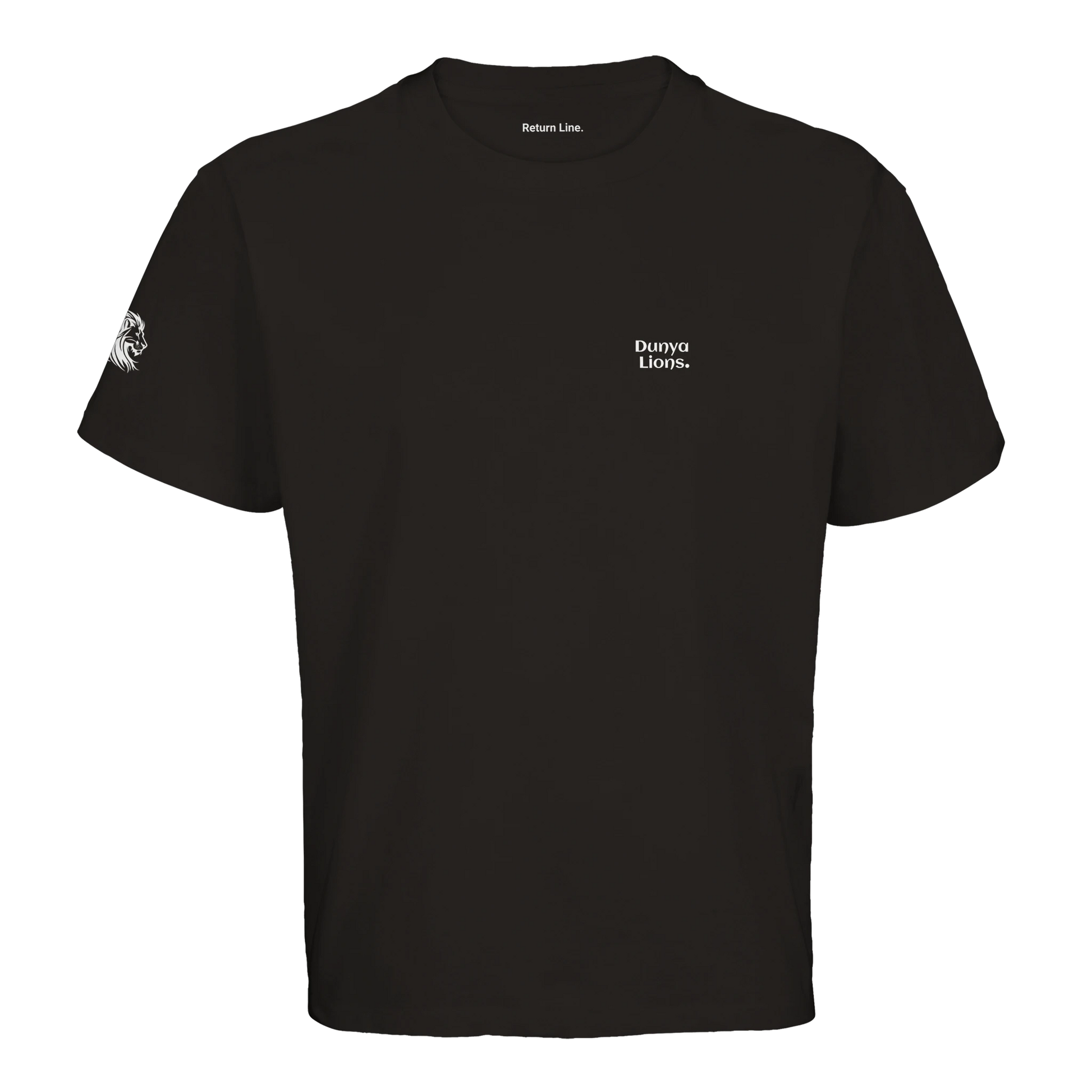 Oversized black T-shirt with bold Dunya Lions. front print – loaded with identity, presence, and the Return Line frequency; subtle lion emblem on the side completes the silent dominance